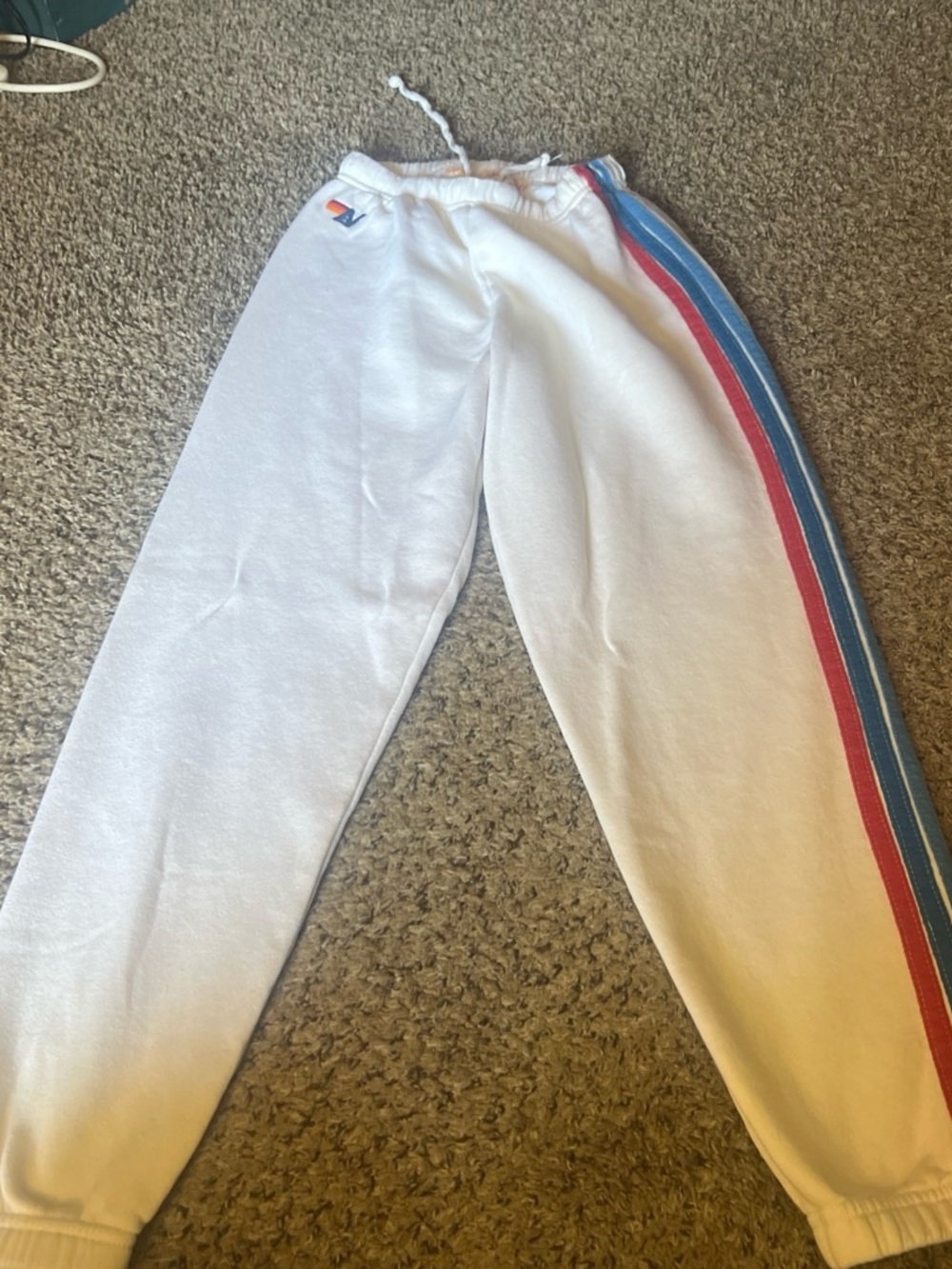 Aviator Nation White Sweatpants with Red & Blue Side Stripes